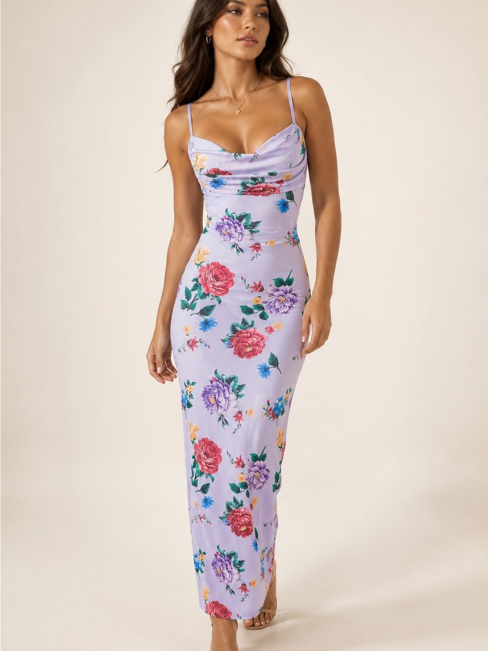Almost Famous | Lavender Floral Cowl Neck Maxi Dress Open Back Size Small